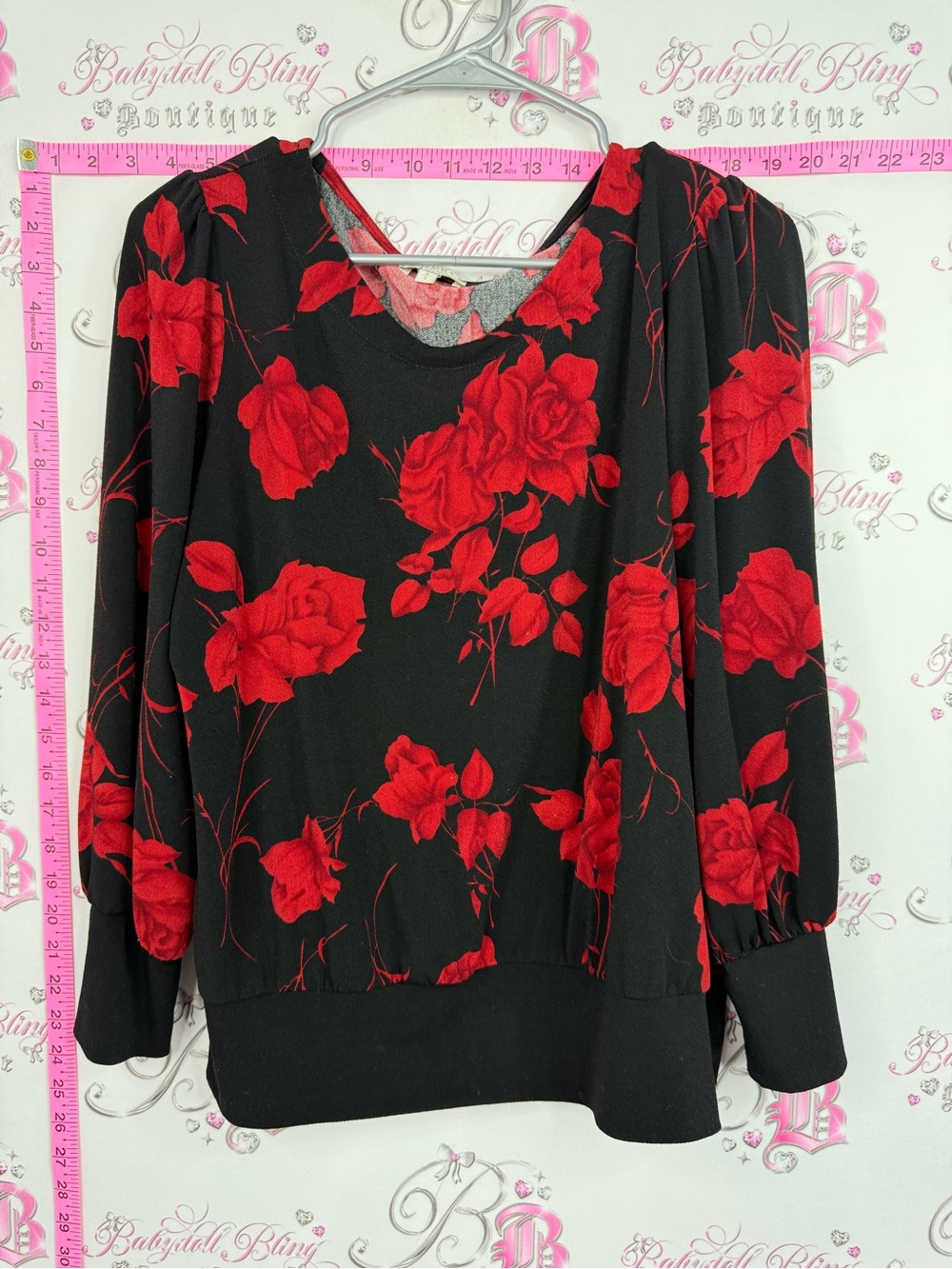 Laura blouse Women's Black Crew Neck Sweater with Red Floral Print